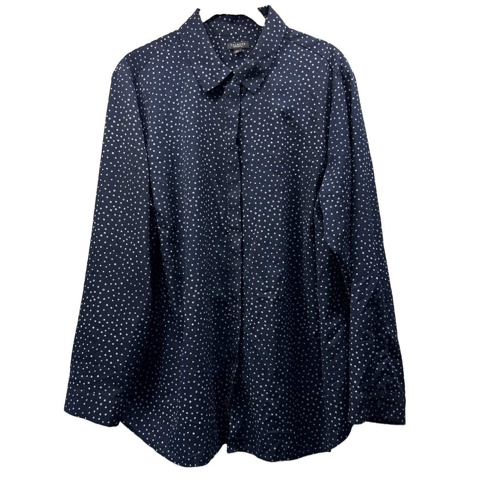 Talbots Women's Top Blouse Size 2XP Long Sleeve Blue White Polka Dot Button Up